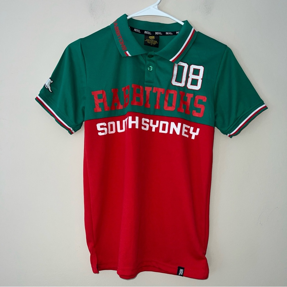 South Sydney Rabbitohs Jersey Kids Polo Shirt Youth Green Red Sizs 12